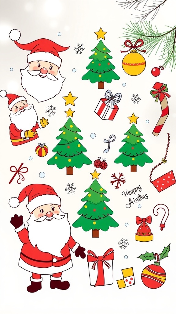 Festive Christmas Doodles and Drawings A variety of festive Christmas doodles including Santa, trees, and snowflakes, in a colorful and cheerful arrangement.